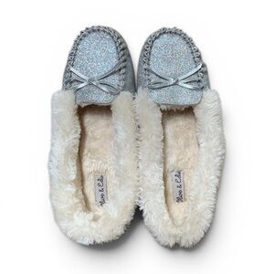 Olive & Edie Girls Glitter Moccasin Slippers Size 6 Cozy Faux Fur